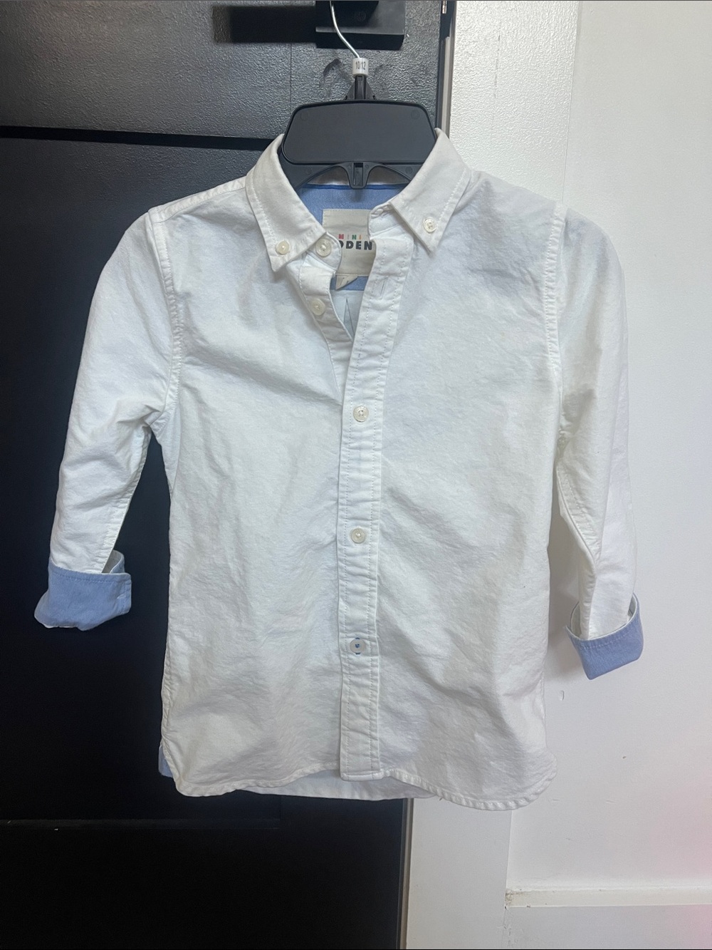 Mini Boden White Button-Down Shirt with Light Blue Cuff Trim